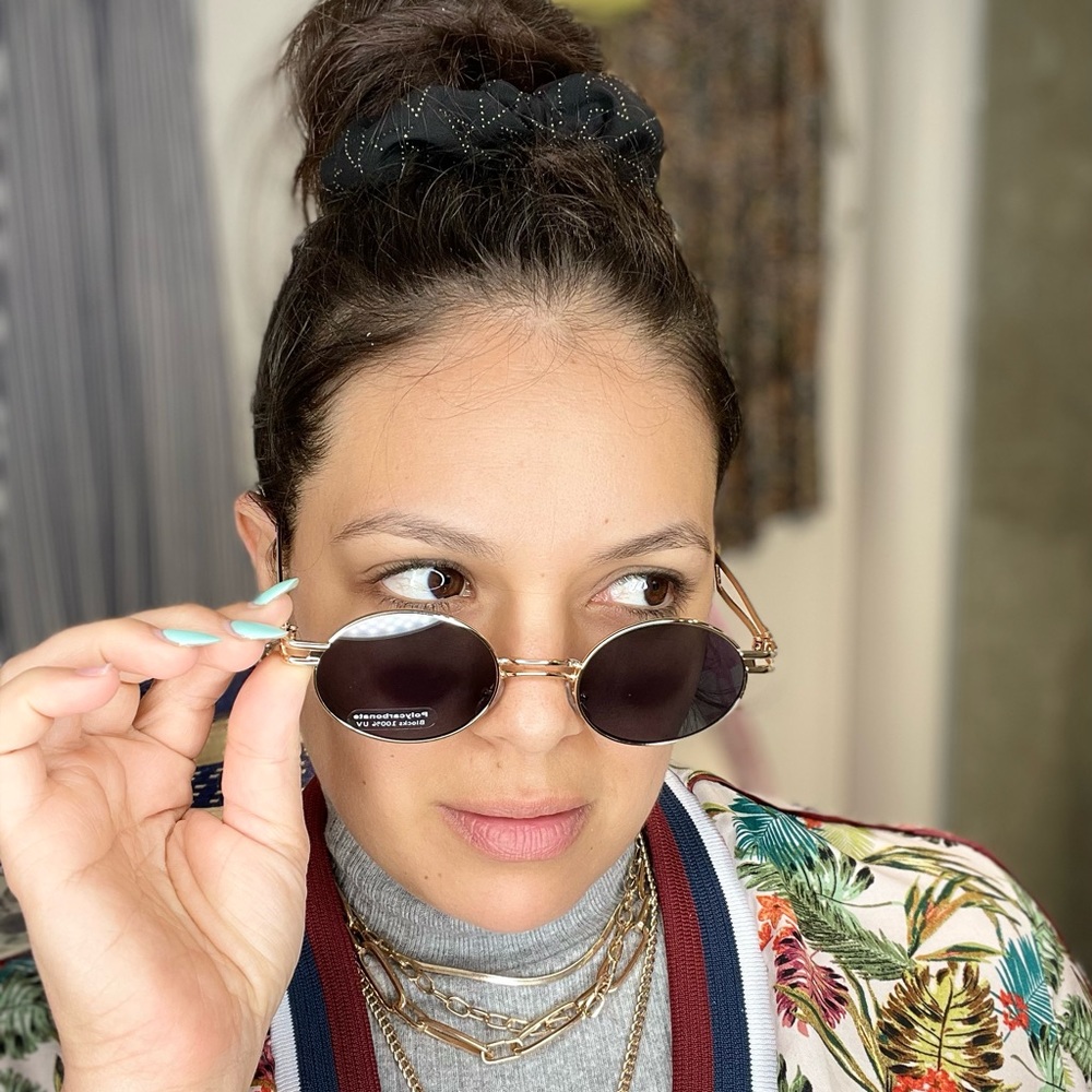 Black lenses gold round frame double bridge nose sunglasses